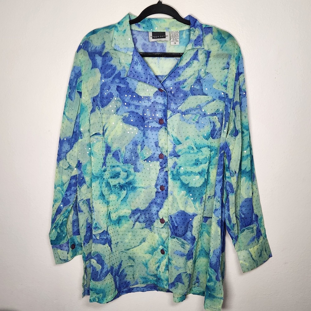 Maggie Barnes Women 2X Semi Sheer Blue Green Floral Button Up‎ Top Mermaidcore